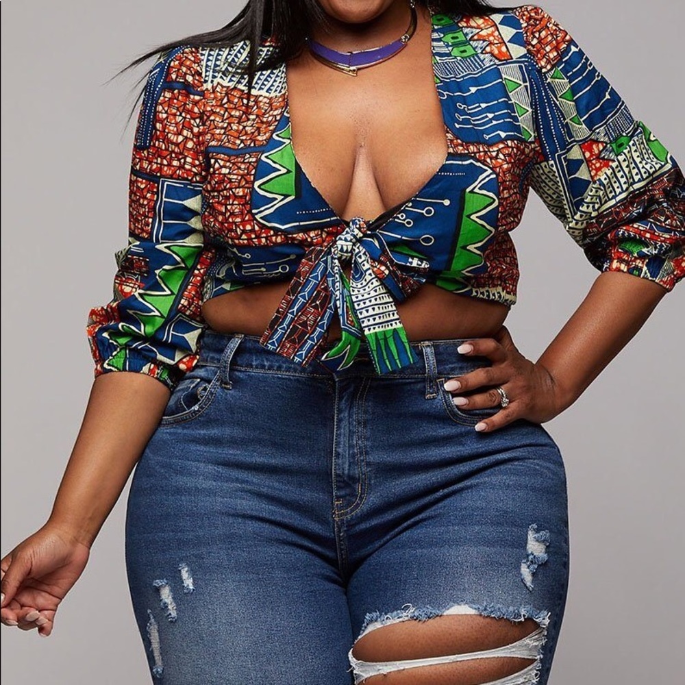 AFRICAN PRINT TIE FRONT CROP TOP (NAVY BROWN)